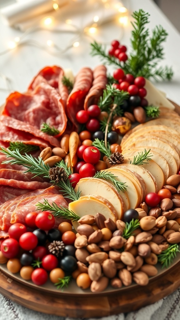 A festive charcuterie board with meats, cheeses, fruits, and holiday decorations.
